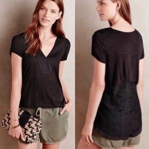 Anthropologie "Pori" Black Lace Back V-Neck Top